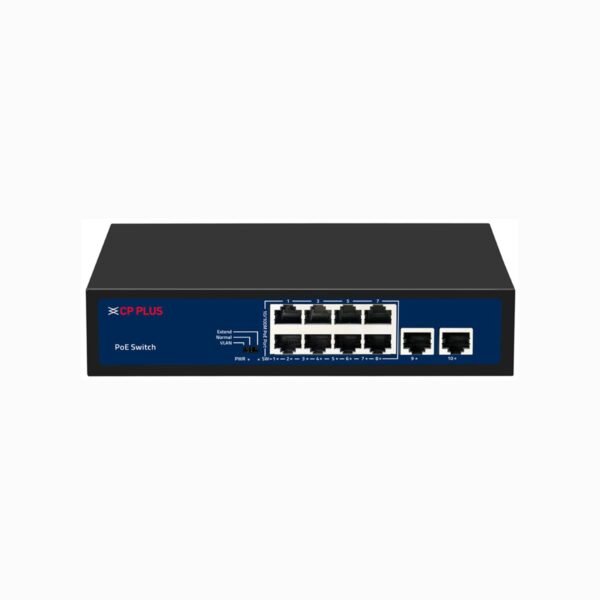 CP Plus 10-Port Fast Ethernet PoE Switch - 8 PoE, 2 Uplink, 30W Output