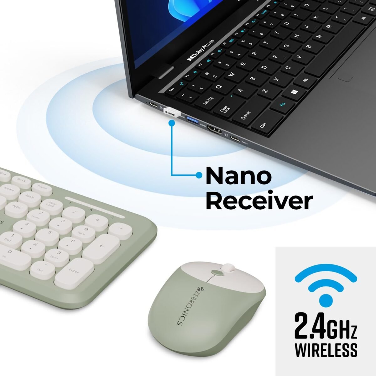 ZEBRONICS Companion 302 Wireless Keyboard & Mouse Combo - UV Printed Keys, Multimedia Keys (Green) - Image 6