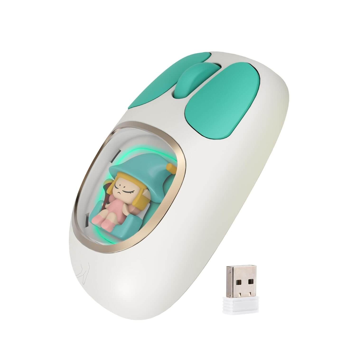 619j4x3AcL._SL1500_.jpg FINGERS CuteClicks WB4 Wireless Mouse USB Bluetooth Rechargeable 1200 DPI (White Teal) - Image 1