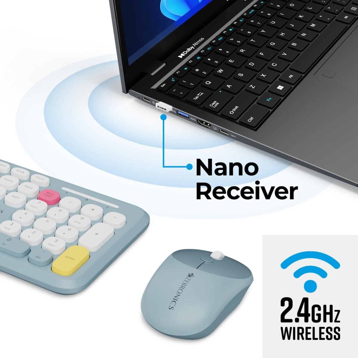 ZEBRONICS Companion 302 Wireless Keyboard & Mouse Combo - UV Printed Keys, Multimedia Keys (Blue) - Image 5