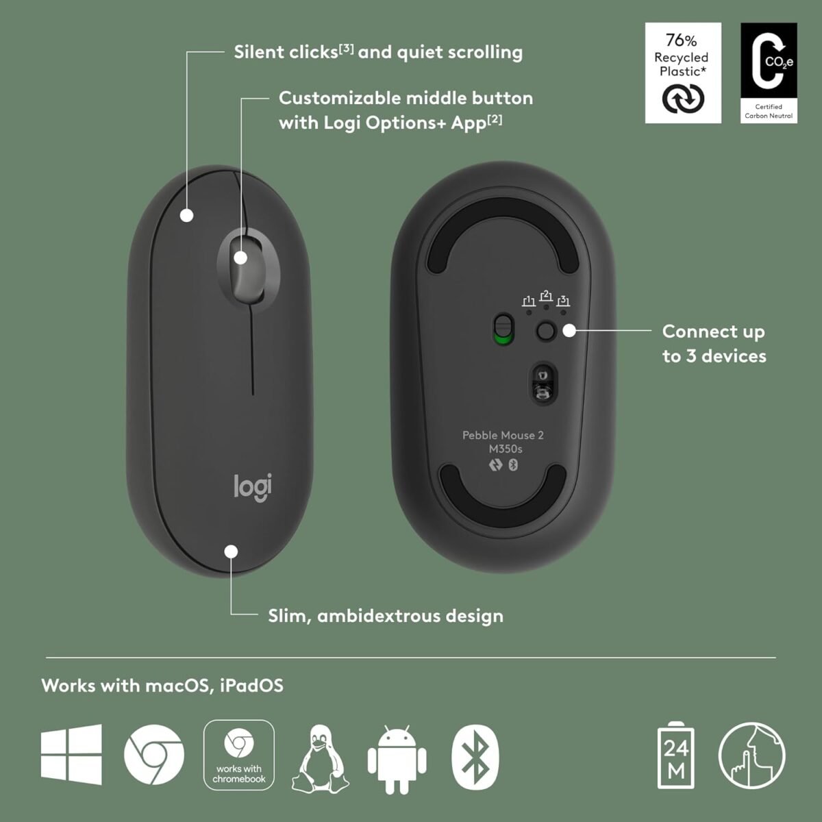 Logitech Pebble Mouse 2 M350s - Slim Bluetooth Wireless Mouse, Tonal Graphite - Image 3