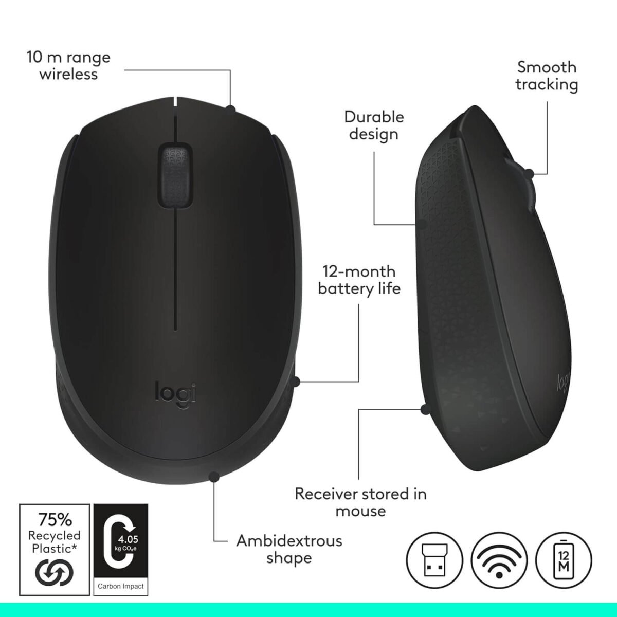 Logitech M170 Wireless Mouse – 2.4GHz Optical Mouse with USB Nano Receiver, 3 Buttons, Black - Image 4