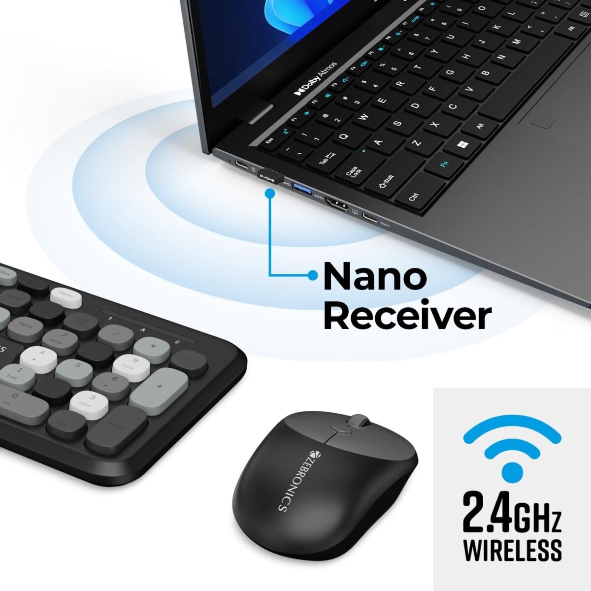 ZEBRONICS Companion 302 Wireless Keyboard & Mouse Combo - UV Printed Keys, Multimedia Keys (Black + Grey) - Image 2