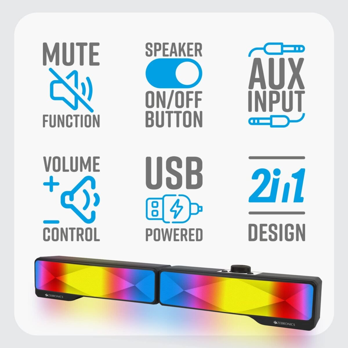 ZEBRONICS Wonder Bar 20 RGB Computer Speaker – 10W RMS, 2-in-1 Detachable Design, USB Powered - Image 4