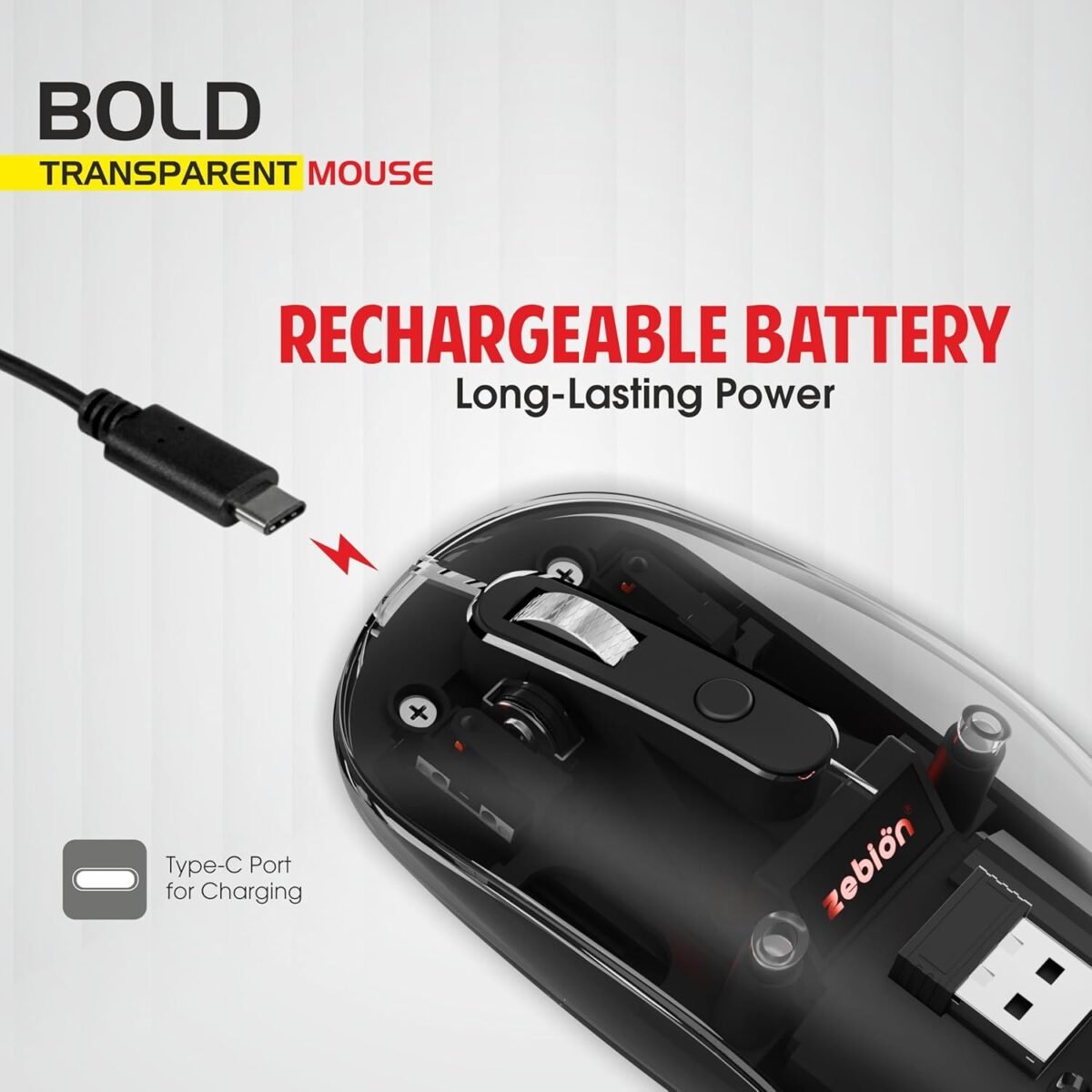 Zebion Bold Transparent Bluetooth Wireless Mouse Dual Mode RGB Black - Image 8