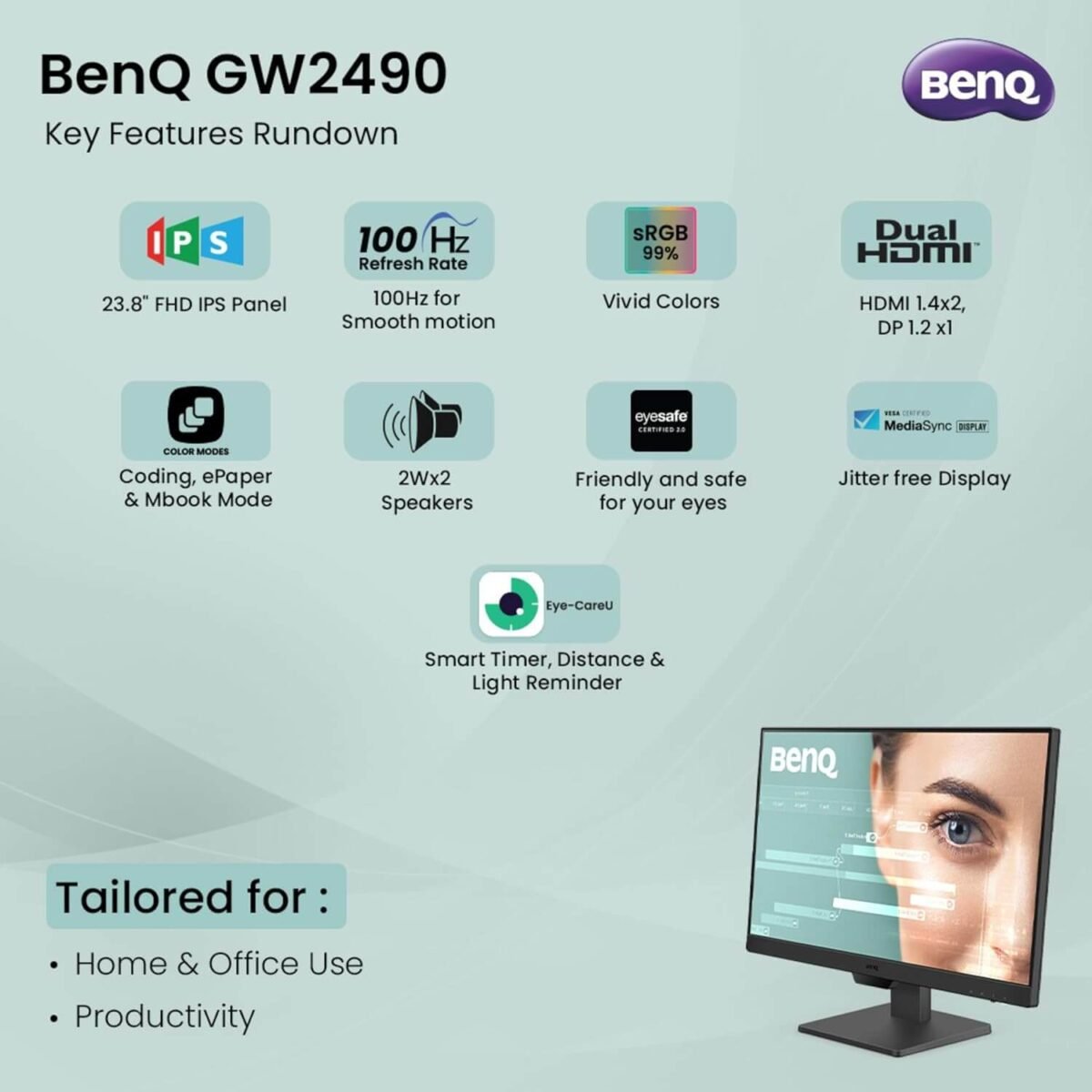 BenQ GW2490 24" FHD IPS Monitor - 100Hz, 99% sRGB, Eye-Care, Dual HDMI, VESA Mount - Image 11