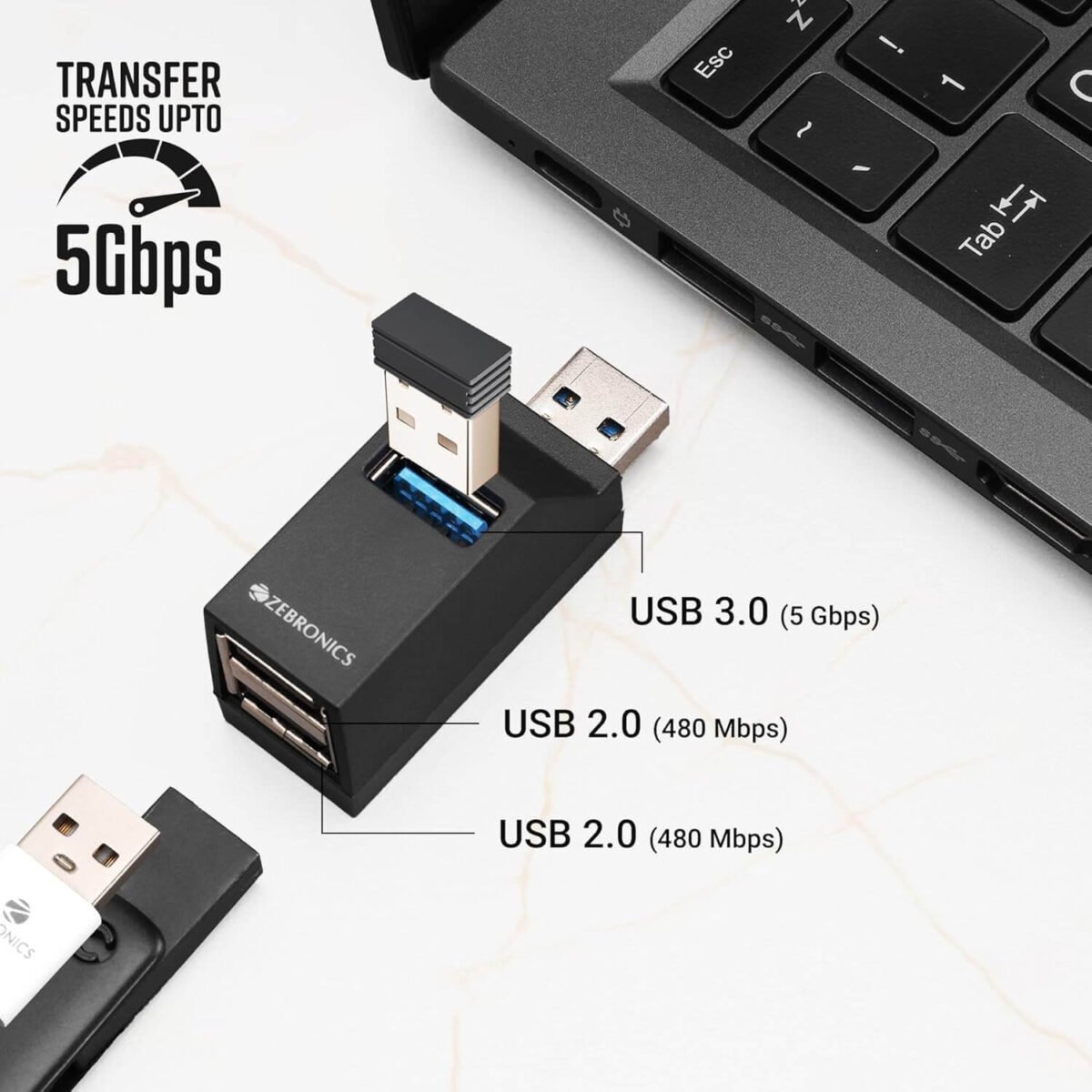 Zebronics 180HB USB Hub with 3 Ports, USB 3.0, 5 Gbps Transfer Speed, Multi OS Compatible, Plug and Play - Image 7
