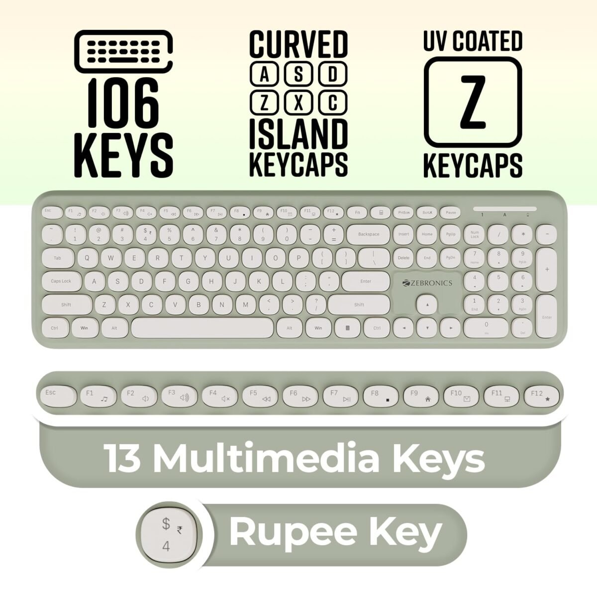 ZEBRONICS Companion 302 Wireless Keyboard & Mouse Combo - UV Printed Keys, Multimedia Keys (Green) - Image 7