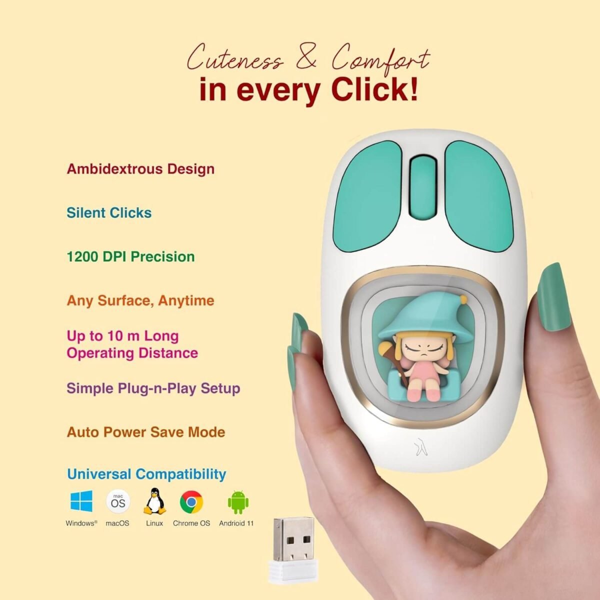 FINGERS CuteClicks WB4 Wireless Mouse USB Bluetooth Rechargeable 1200 DPI (White Teal) - Image 7