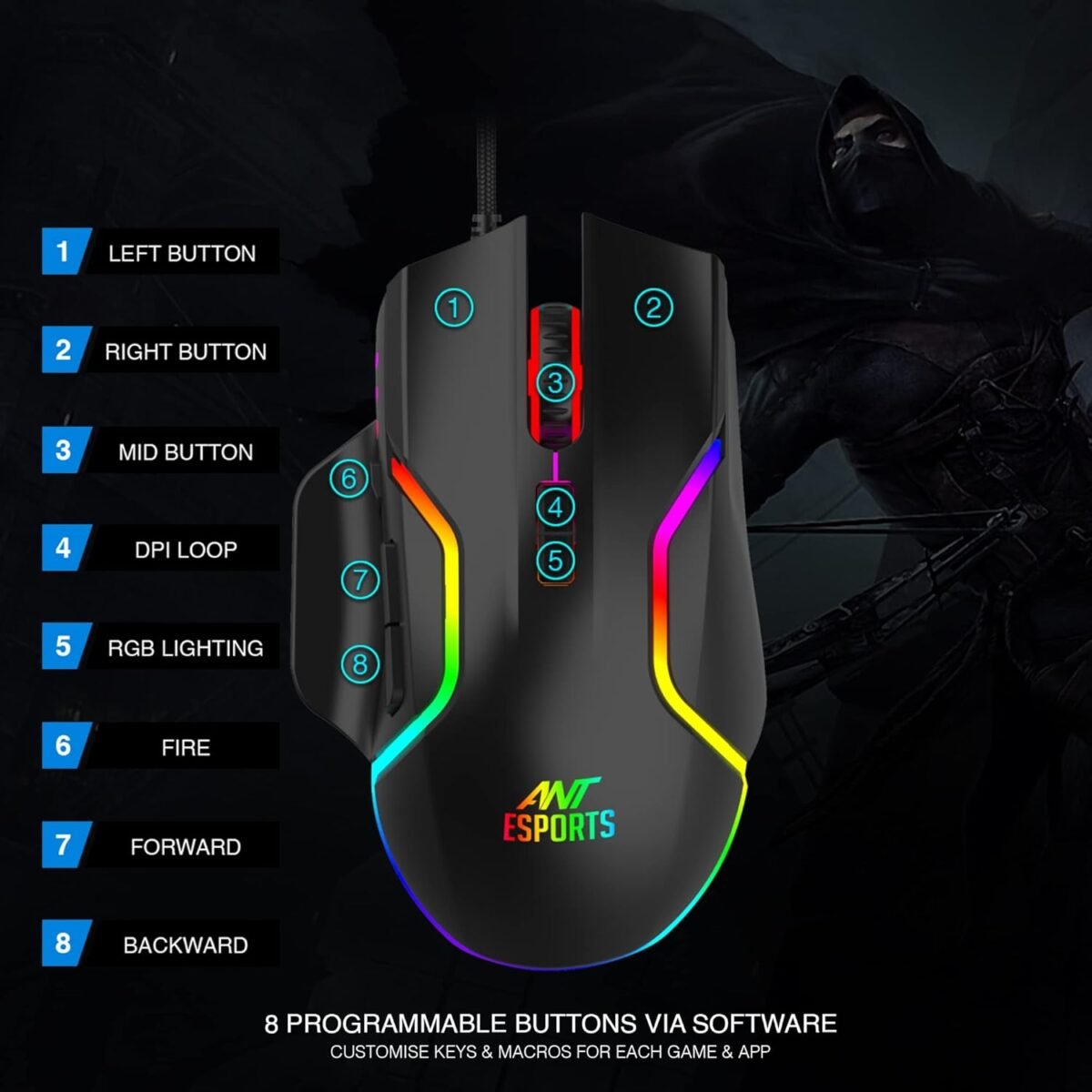 Ant Esports GM320 RGB Optical Wired Gaming Mouse, 8 Programmable Buttons, 12800 DPI - Image 3
