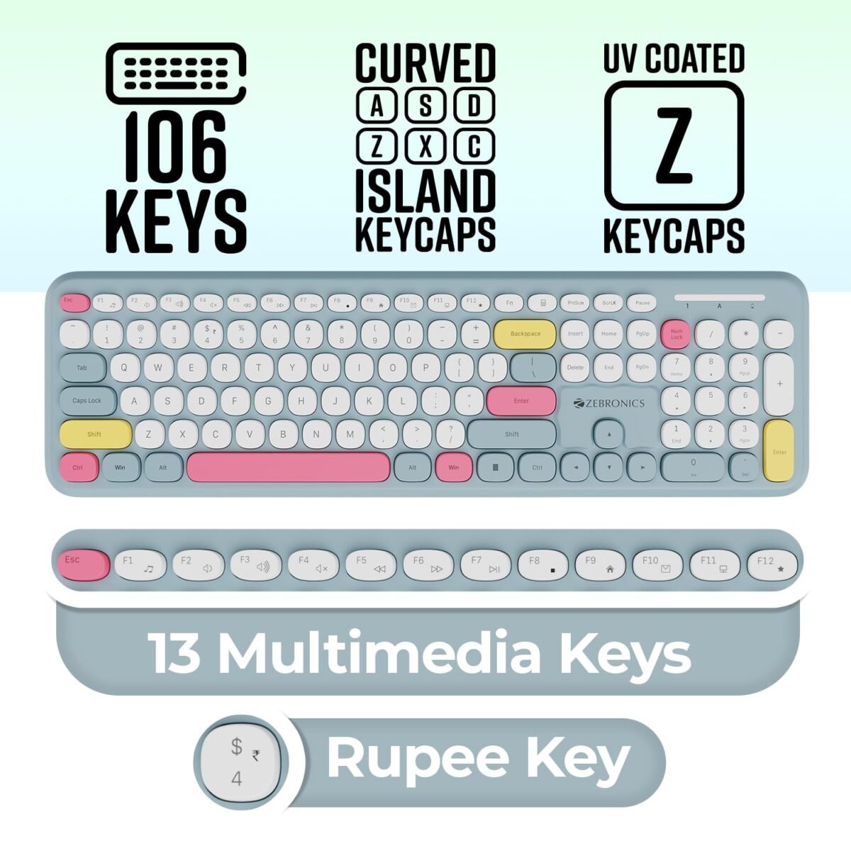 ZEBRONICS Companion 302 Wireless Keyboard & Mouse Combo - UV Printed Keys, Multimedia Keys (Blue) - Image 6