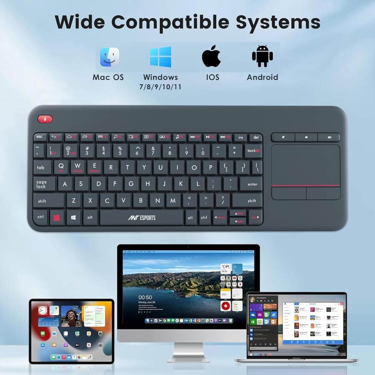 Ant Esports WK100 2in1 Wireless Bluetooth Keyboard with Touchpad for TV Windows Android Chrome OS Laptop Tablet Black - Image 2