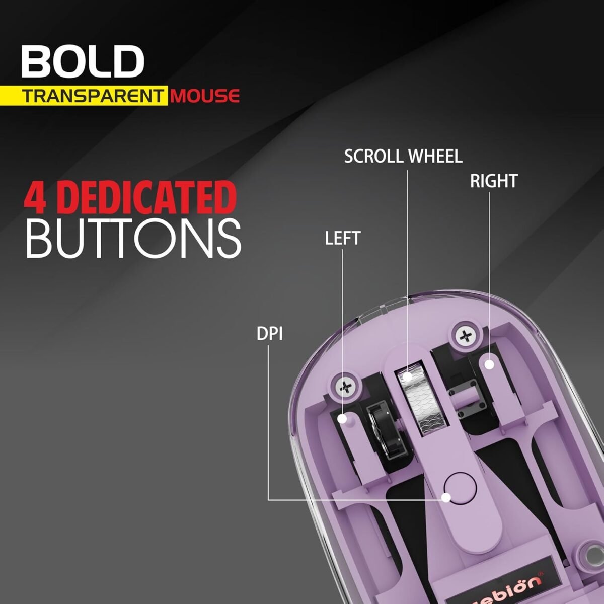 Zebion Bold Transparent Bluetooth Wireless Mouse Dual Mode RGB Lilac - Image 4