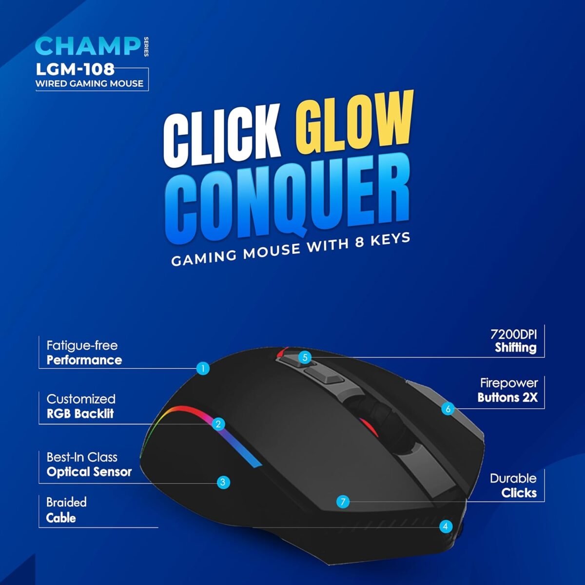LAPCARE Champ LGM-108 RGB Gaming Mouse 7200 DPI Wired 8 Buttons Black - Image 5