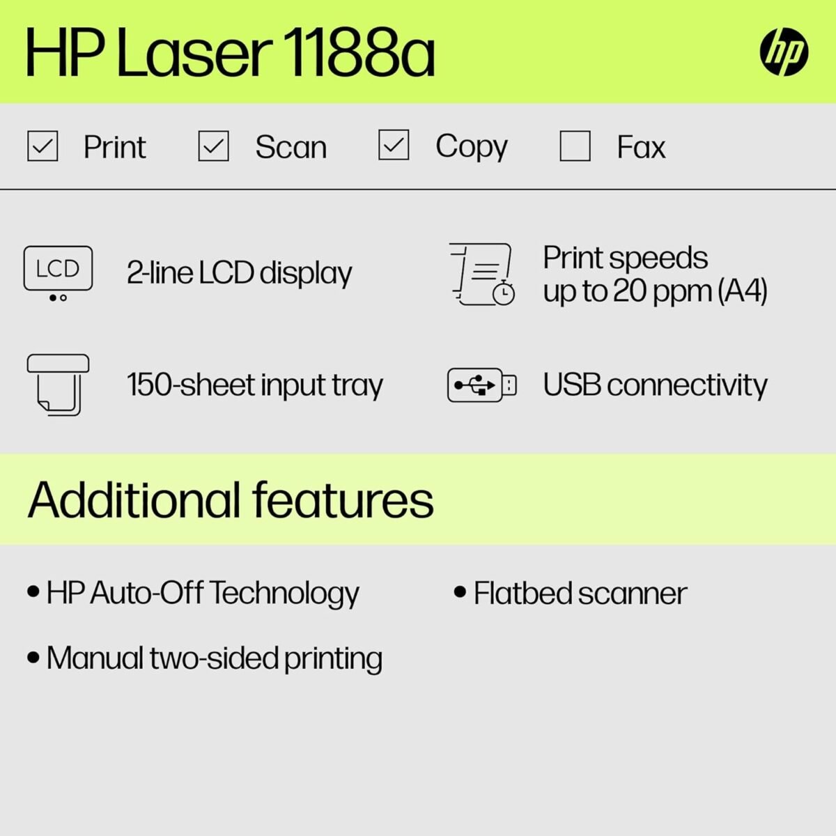 HP Laser MFP 1188a - Print Copy Scan, 21 ppm, USB 2.0, 150-sheet Tray, 100-sheet Output, B&W - Image 3
