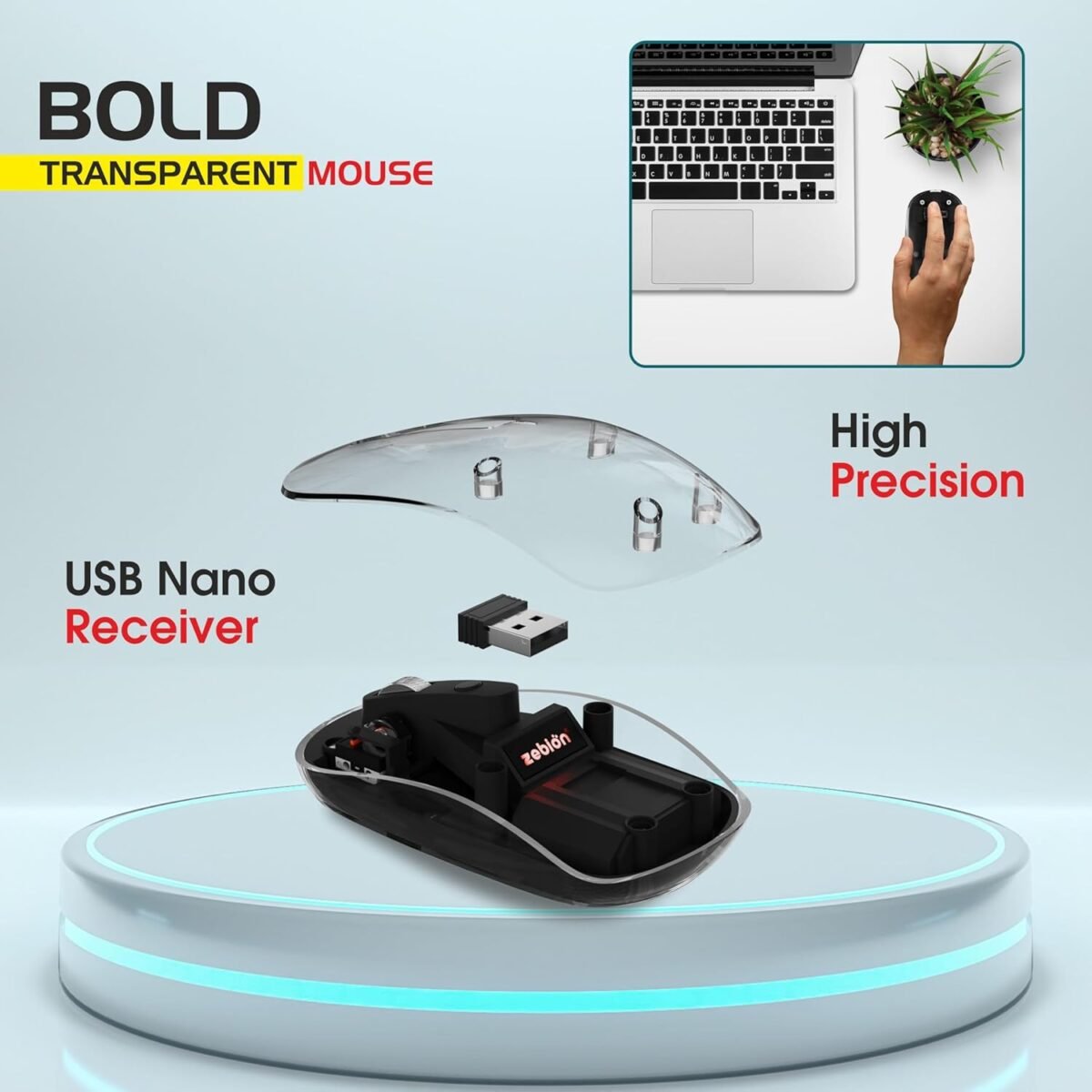 Zebion Bold Transparent Bluetooth Wireless Mouse Dual Mode RGB Black - Image 4