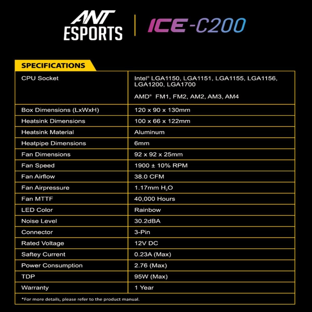 Ant Esports ICE-C200 CPU Cooler with Rainbow LED Fan - Intel LGA115X/LGA1200/LGA1700 & AMD AM4/FM2 - Image 4