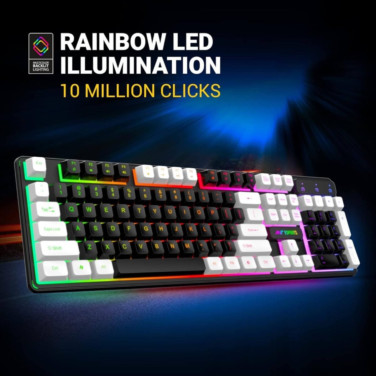 Ant Esports MK1400 Pro Backlit Wired Gaming Keyboard, Mixed Color Lighting, White & Black Double Injection Keycaps – Black - Image 8