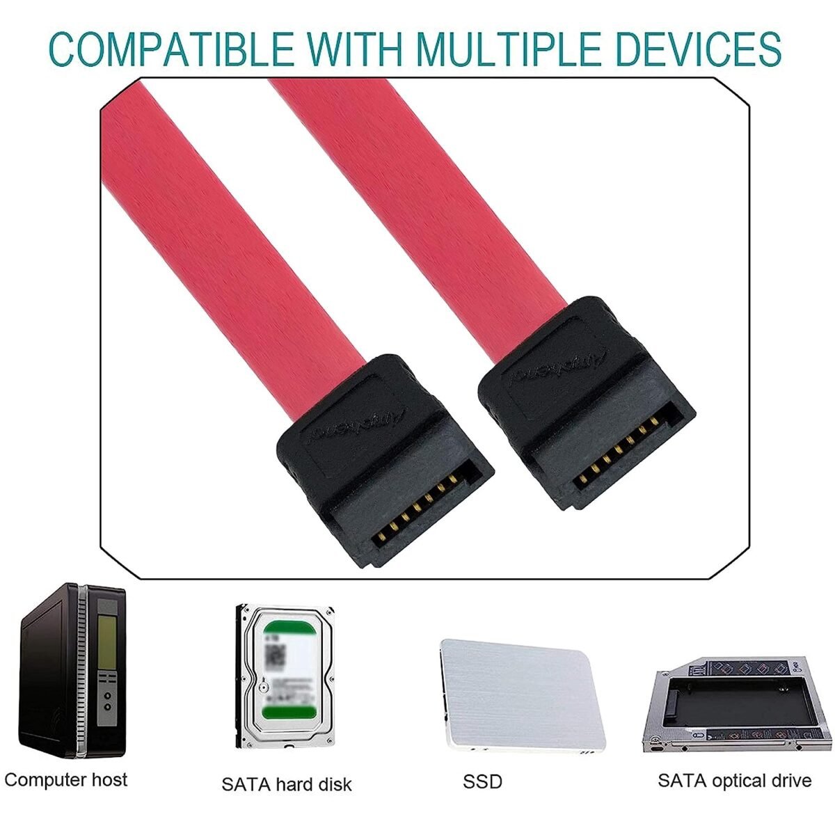 SATA III Data Cable for HDD, SSD, CD Drive, CD Writer - Red (Pack of 2) - Image 3