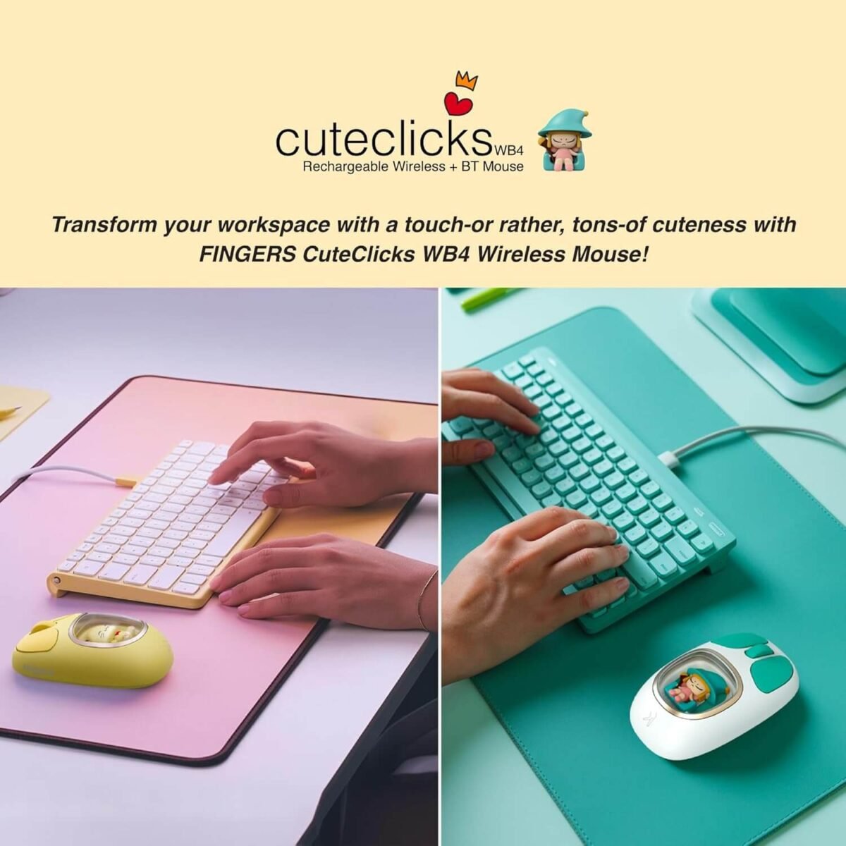 FINGERS CuteClicks WB4 Wireless Mouse USB Bluetooth Rechargeable 1200 DPI (White Teal) - Image 3