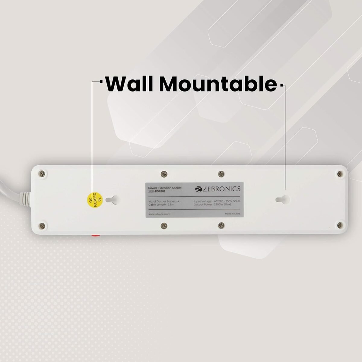 Zebronics PS4301 2500W Power Extension Spike Socket with 4 Universal Sockets, 250V (White) - Image 2