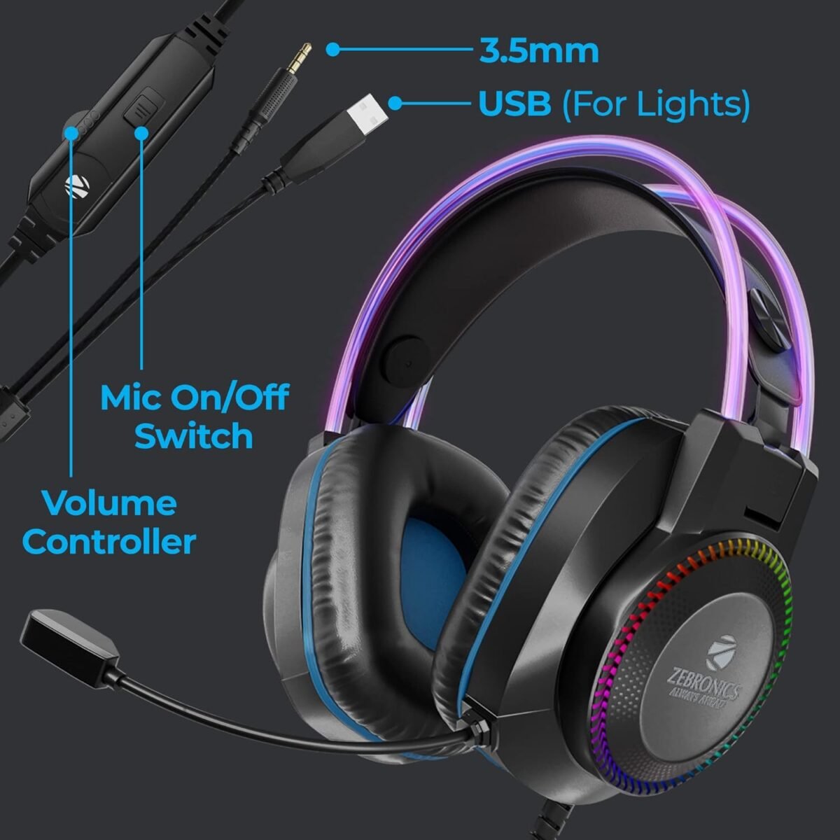 Zebronics Jet PRO Wired Gaming Headphone, LED, 40mm Drivers, 2m Cable, Mic - Image 4