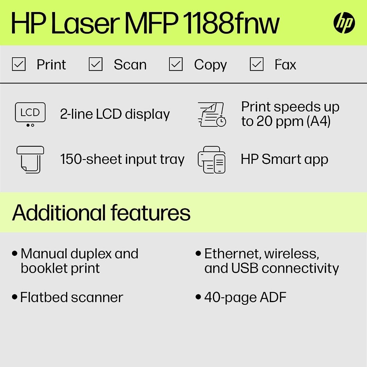 HP LaserJet 1188fnw Monochrome Wi-Fi Printer - Print Copy Scan Fax, ADF - Image 3