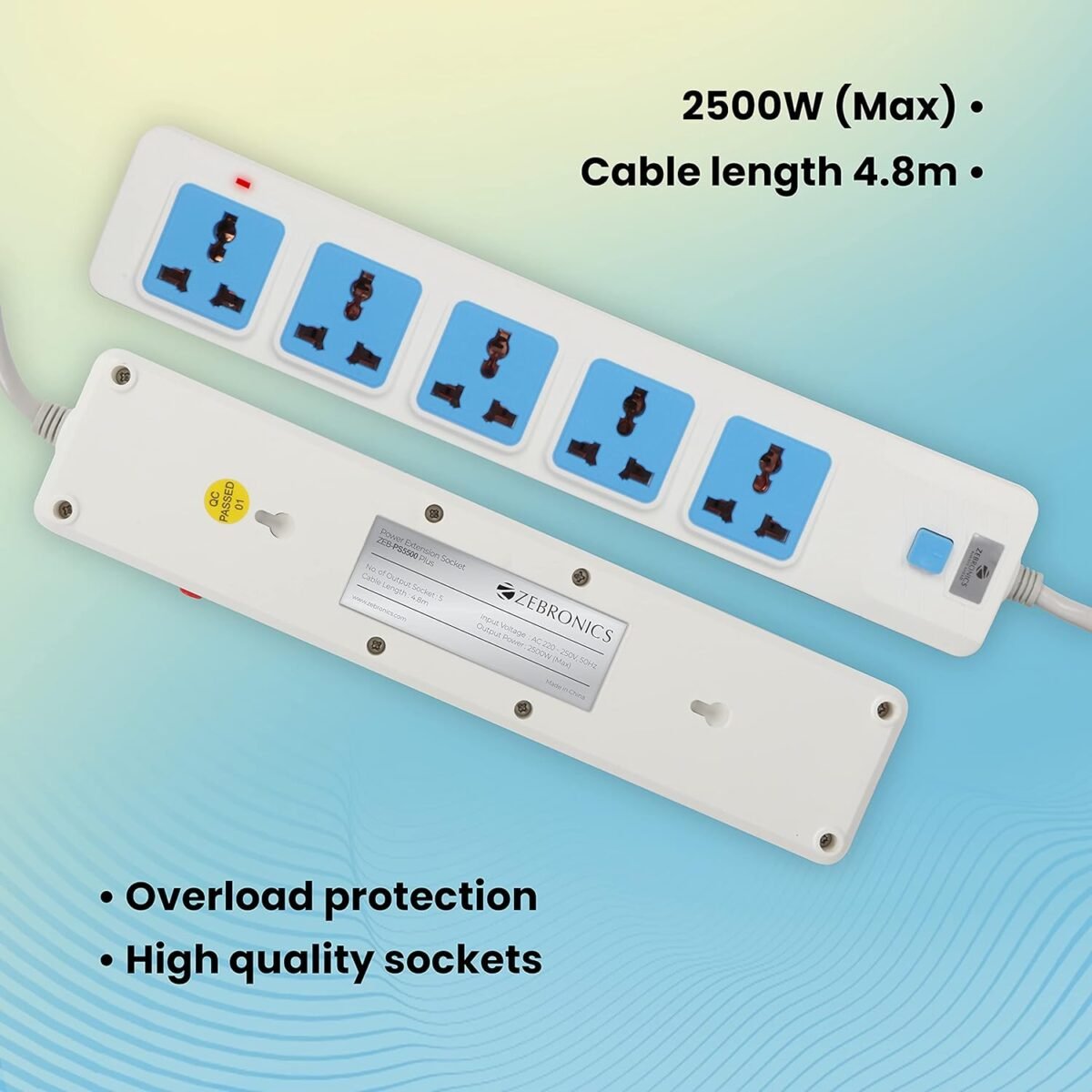 Zebronics Zeb PS5500 Plus Power Strip Spike 2500 Watts Extension Socket, 4.8m Wire, Universal Sockets - Image 3