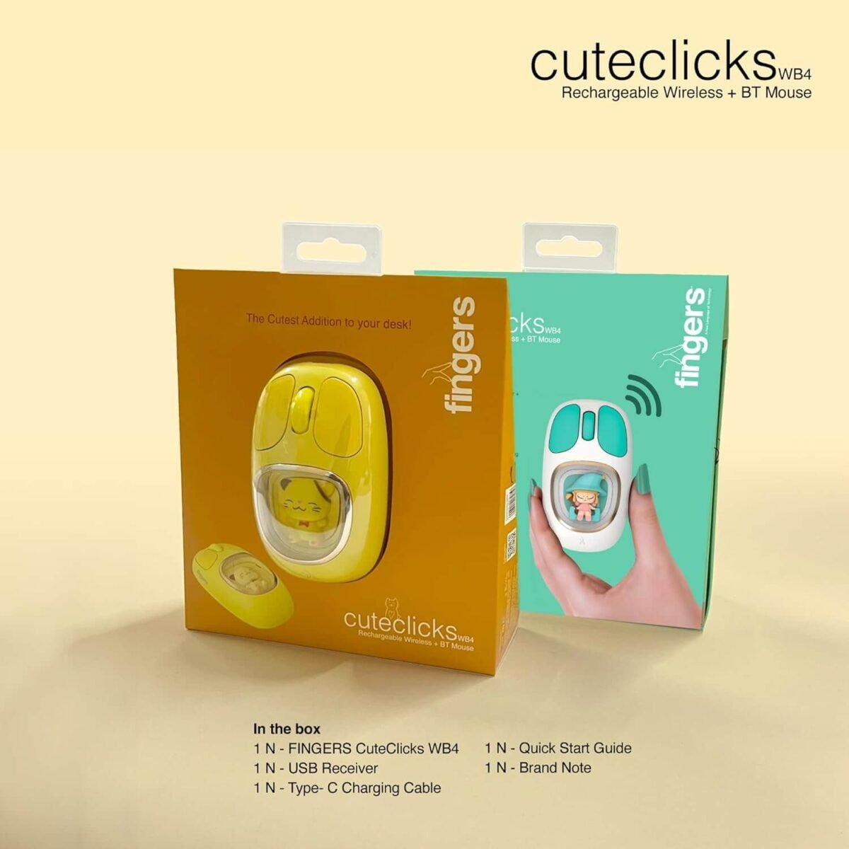 FINGERS CuteClicks WB4 Wireless Mouse USB Bluetooth Rechargeable 1200 DPI (Yellow) - Image 5