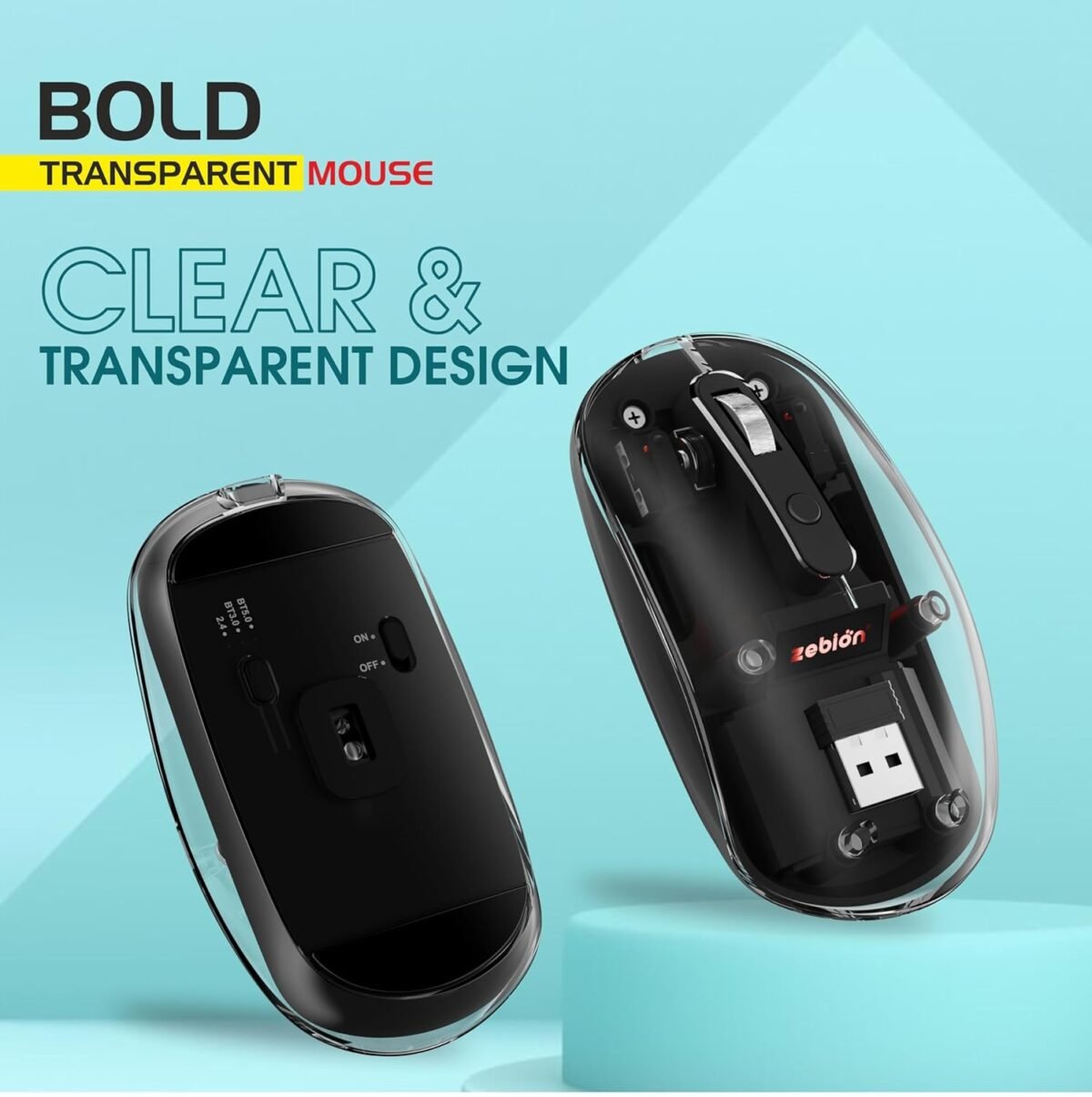 Zebion Bold Transparent Bluetooth Wireless Mouse Dual Mode RGB Black - Image 6