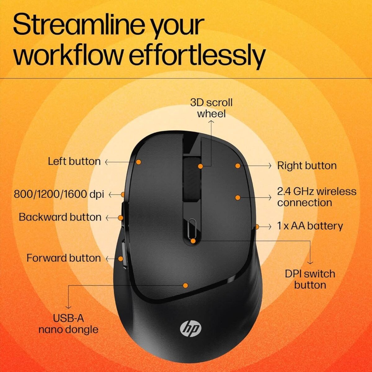 HP M120 Wireless Mouse 1600 DPI with 6 Buttons – Black - Image 8