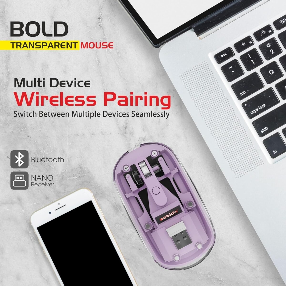 Zebion Bold Transparent Bluetooth Wireless Mouse Dual Mode RGB Lilac - Image 9