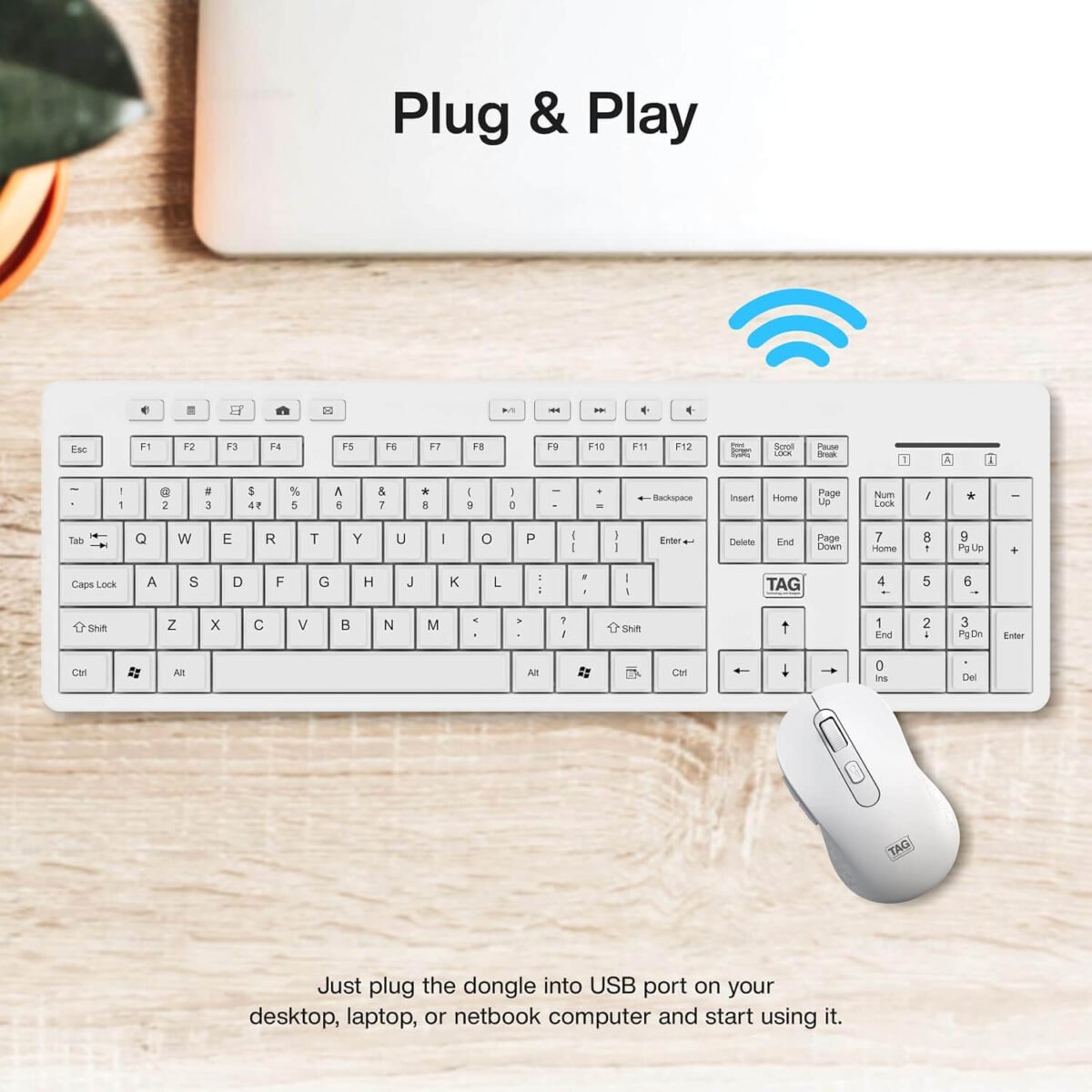 TAG KBWM1000 White Wireless Keyboard Mouse Combo – 2.4GHz, 104 Keys, 6-Button Mouse - Image 6