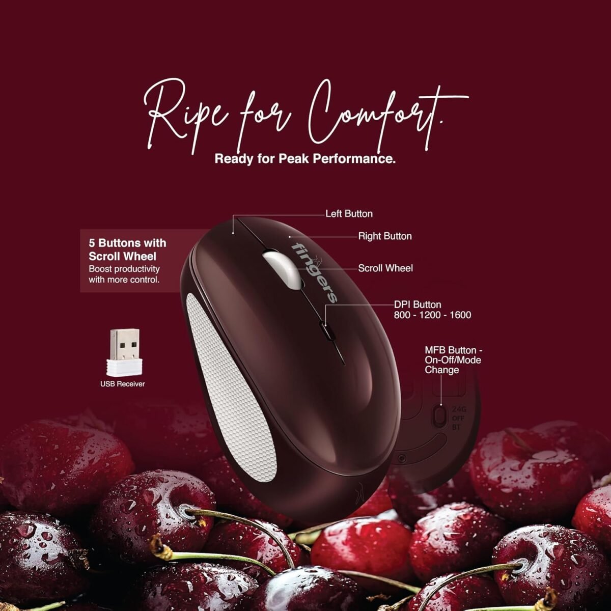 FINGERS CherryGrip Wireless Mouse 3-in-1 Bluetooth Rechargeable - Image 6