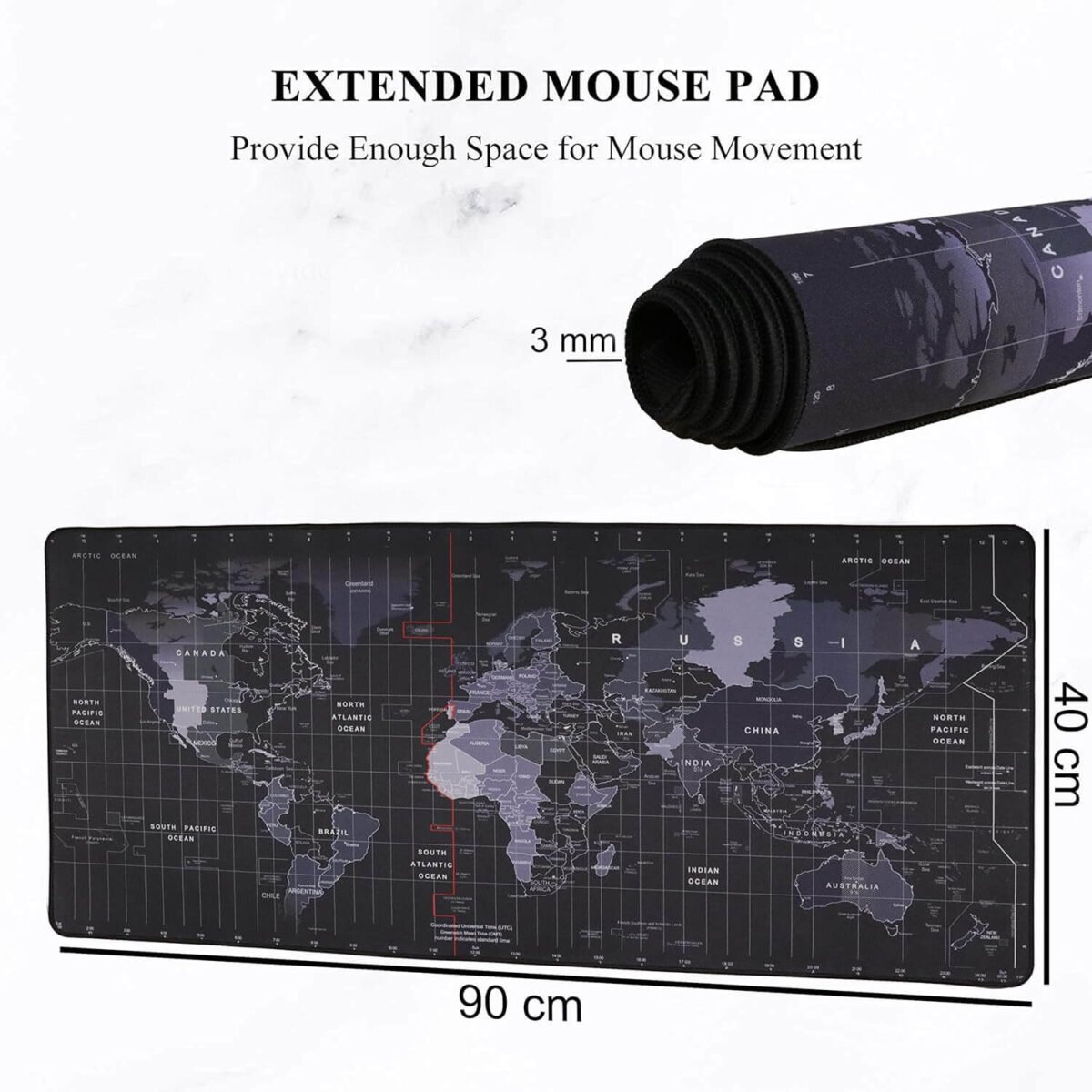 World Map XXXL Large Extended Gaming Mouse Pad | Non-Slip Rubber Base, Stitched Edges | 90x40x0.3 CM - Image 2