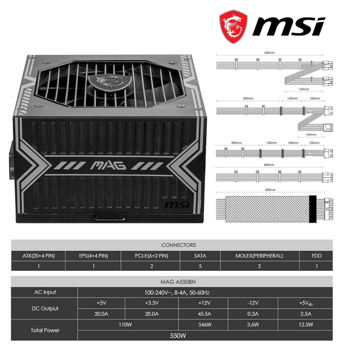 MSI MAG A550BN 550W Gaming Power Supply, 80 Plus Bronze Certified, 12V Single-Rail, DC-to-DC Circuit, 120mm Fan, 5-Year Warranty - Image 5