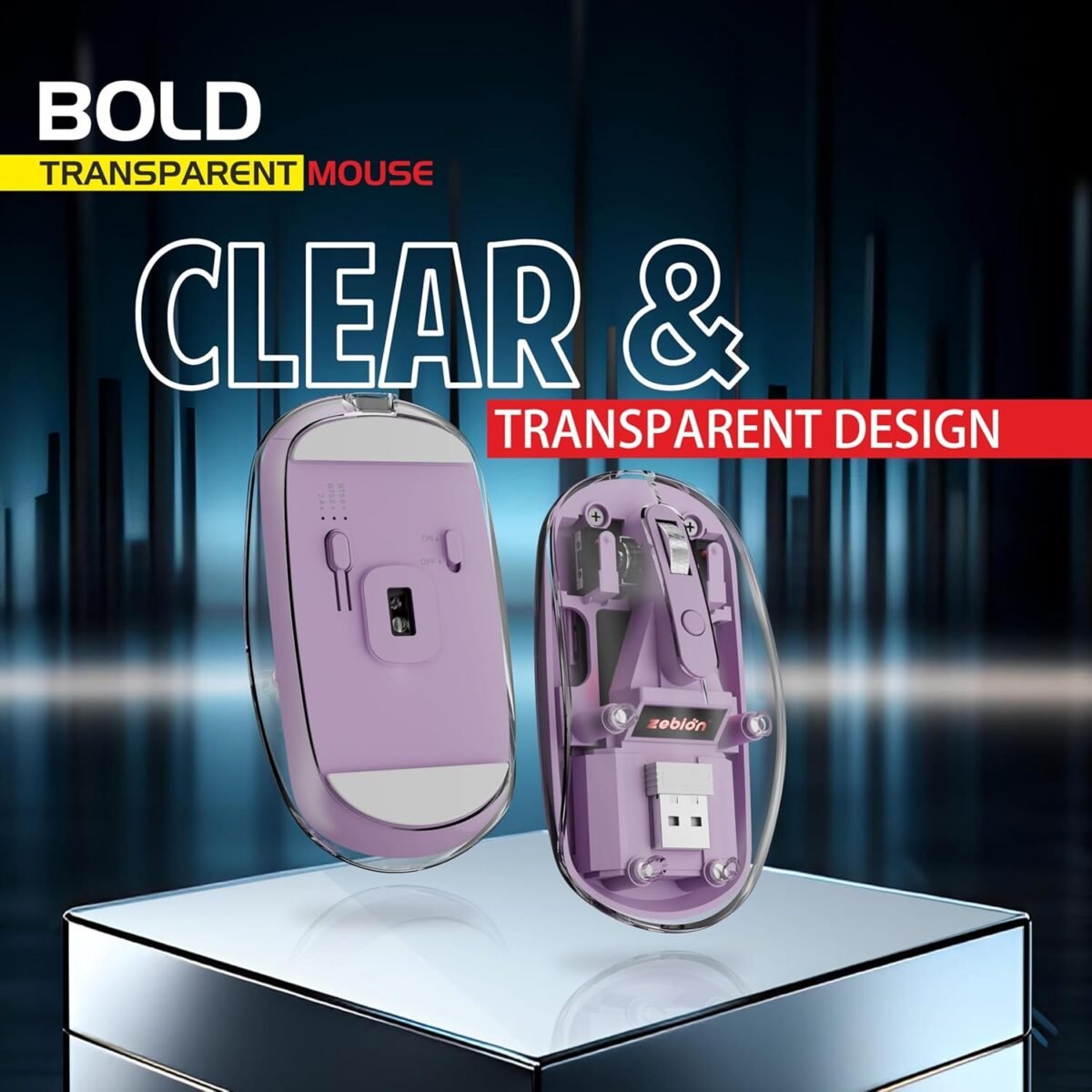 Zebion Bold Transparent Bluetooth Wireless Mouse Dual Mode RGB Lilac - Image 6