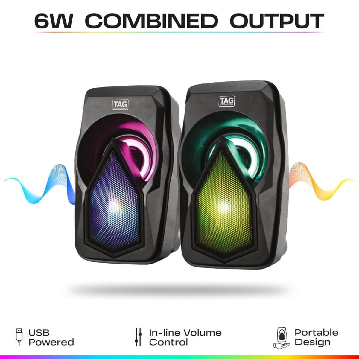 TAG DP600 USB Wired Stereo Speakers 6W RGB LED for PC & Laptop - Image 2