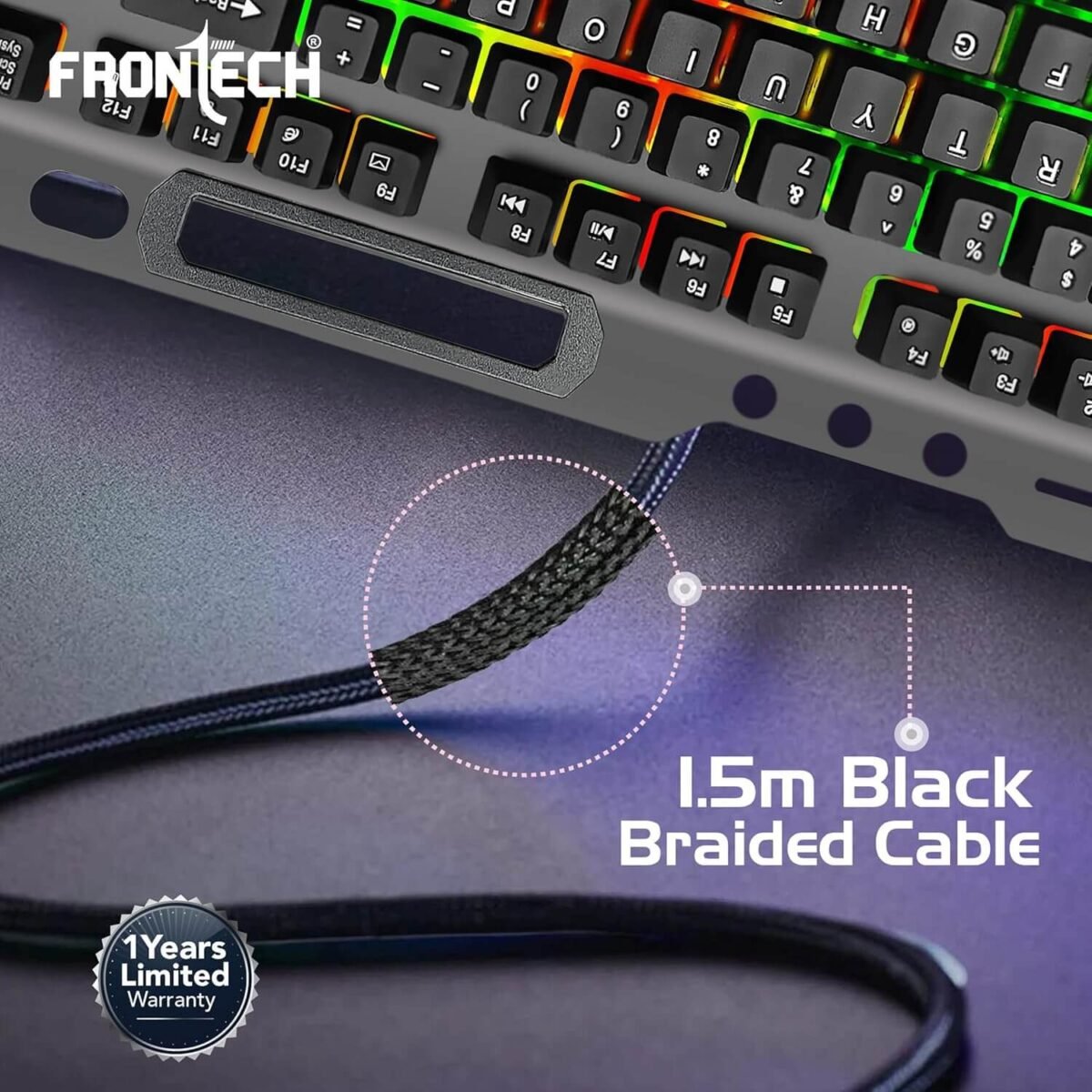 FRONTECH KB-0049 Wired Gaming Keyboard with Rainbow Backlight (Grey & Black) - Image 7