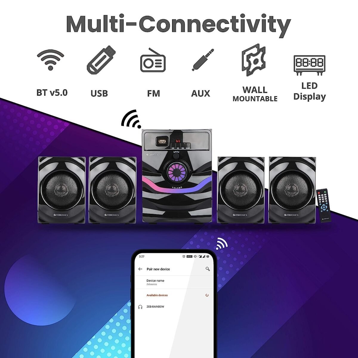 Zebronics ZEB-RAINBOW Bluetooth Multimedia Speaker - 60W, 4.1 Channel, RGB Lighting - Image 4