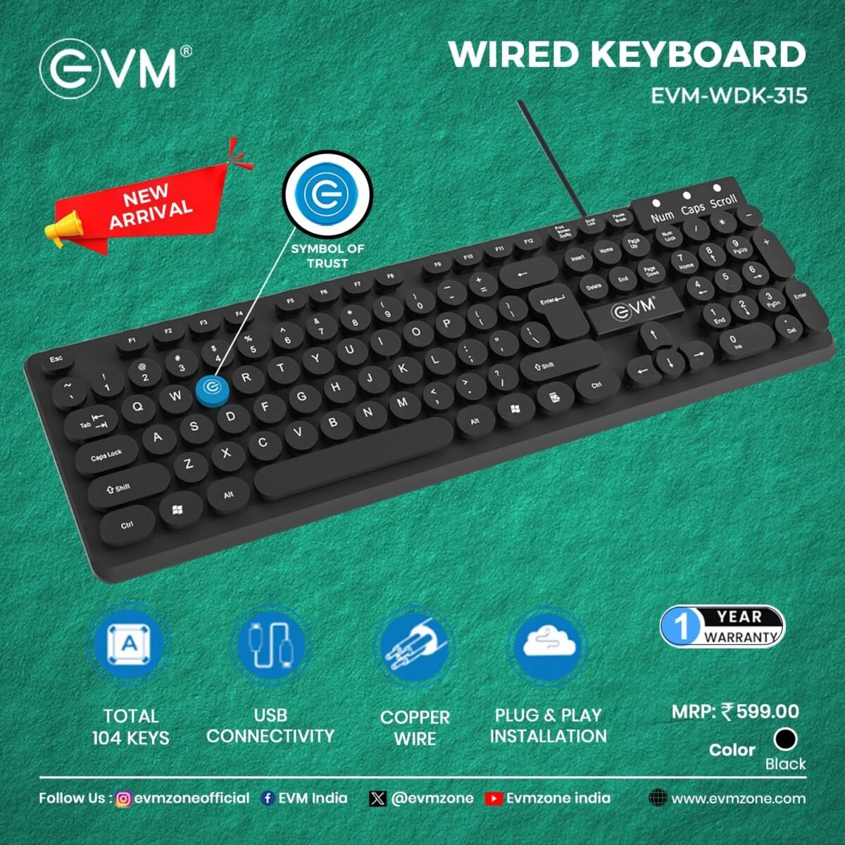 EVM WDK-315 Spill‑Resistant USB Keyboard 104 Keys UV Coated (1 Year Warranty) - Image 4