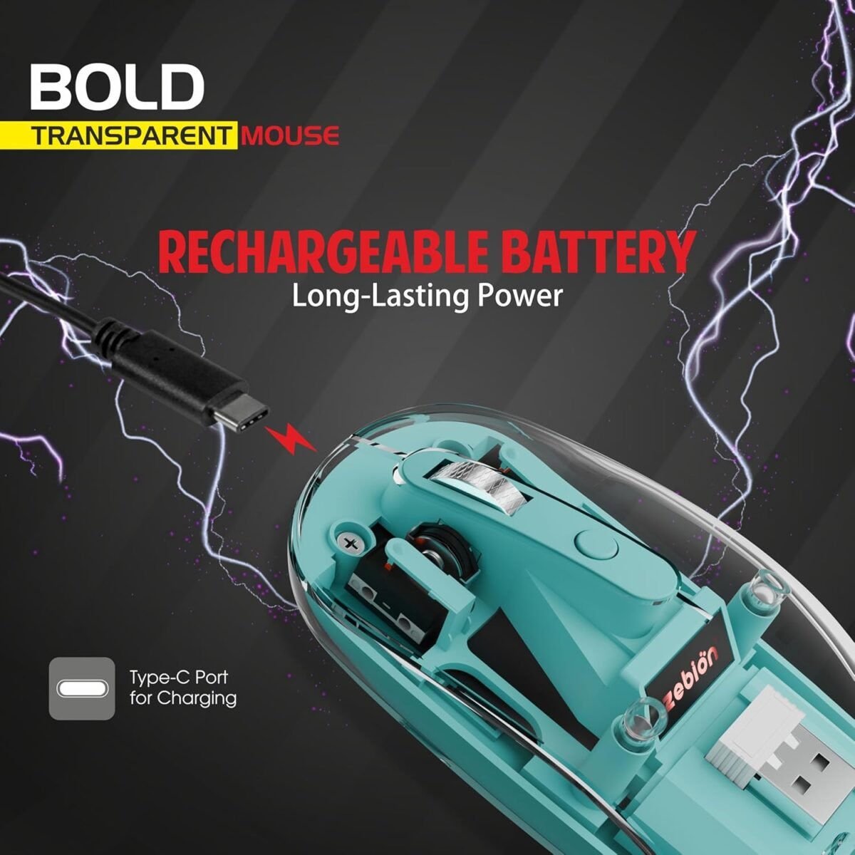 Zebion Bold Transparent Bluetooth Wireless Mouse Dual Mode RGB Blue - Image 9