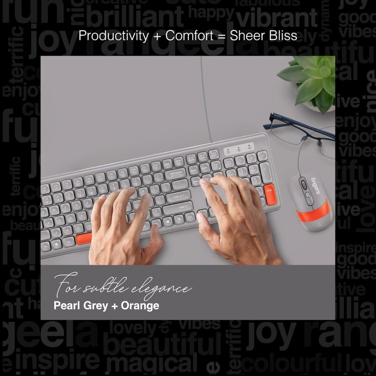 FINGERS Velvet Combo Rangeela Wired Keyboard & Mouse Set – Pearl Grey/Orange - Image 4