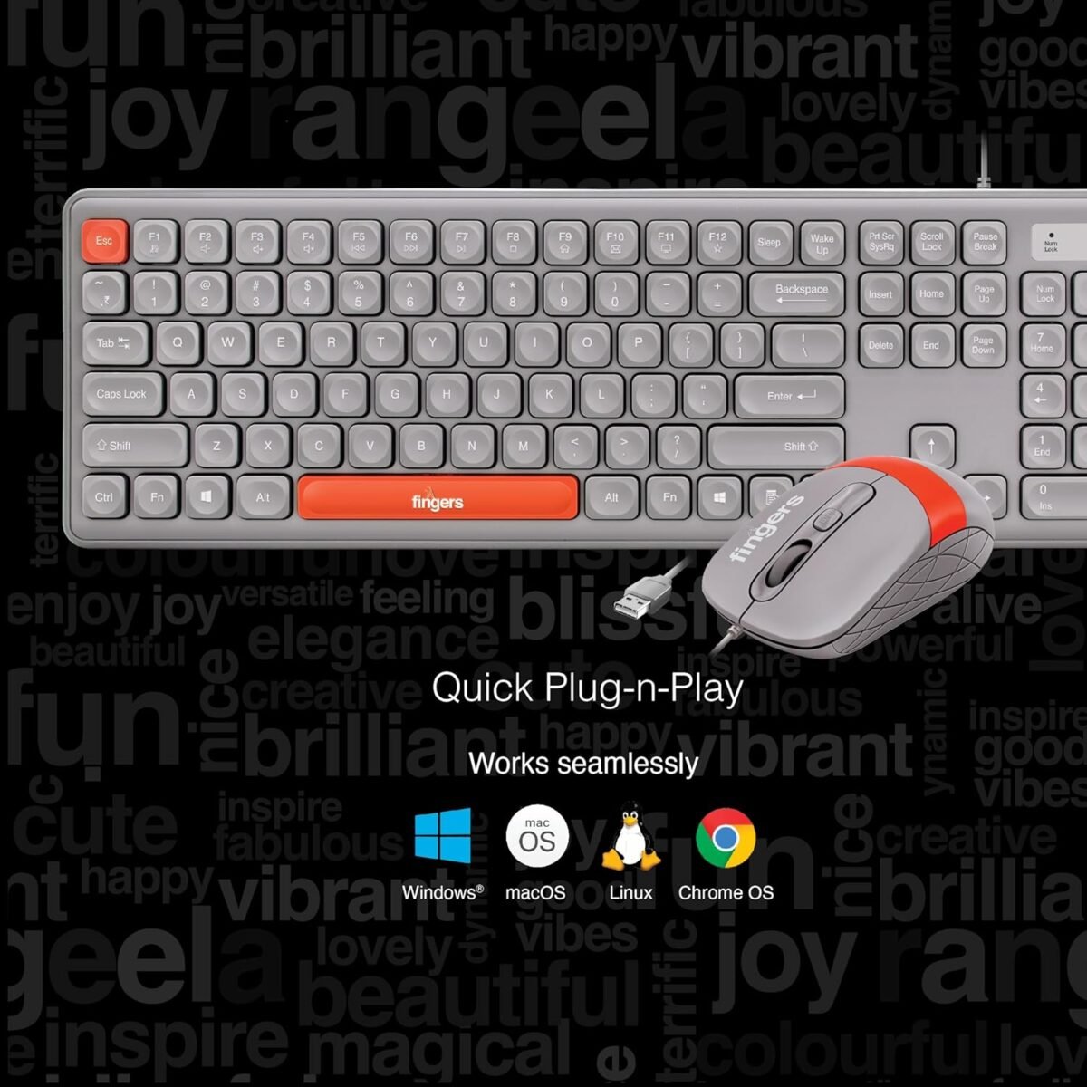FINGERS Velvet Combo Rangeela Wired Keyboard & Mouse Set – Pearl Grey/Orange - Image 5