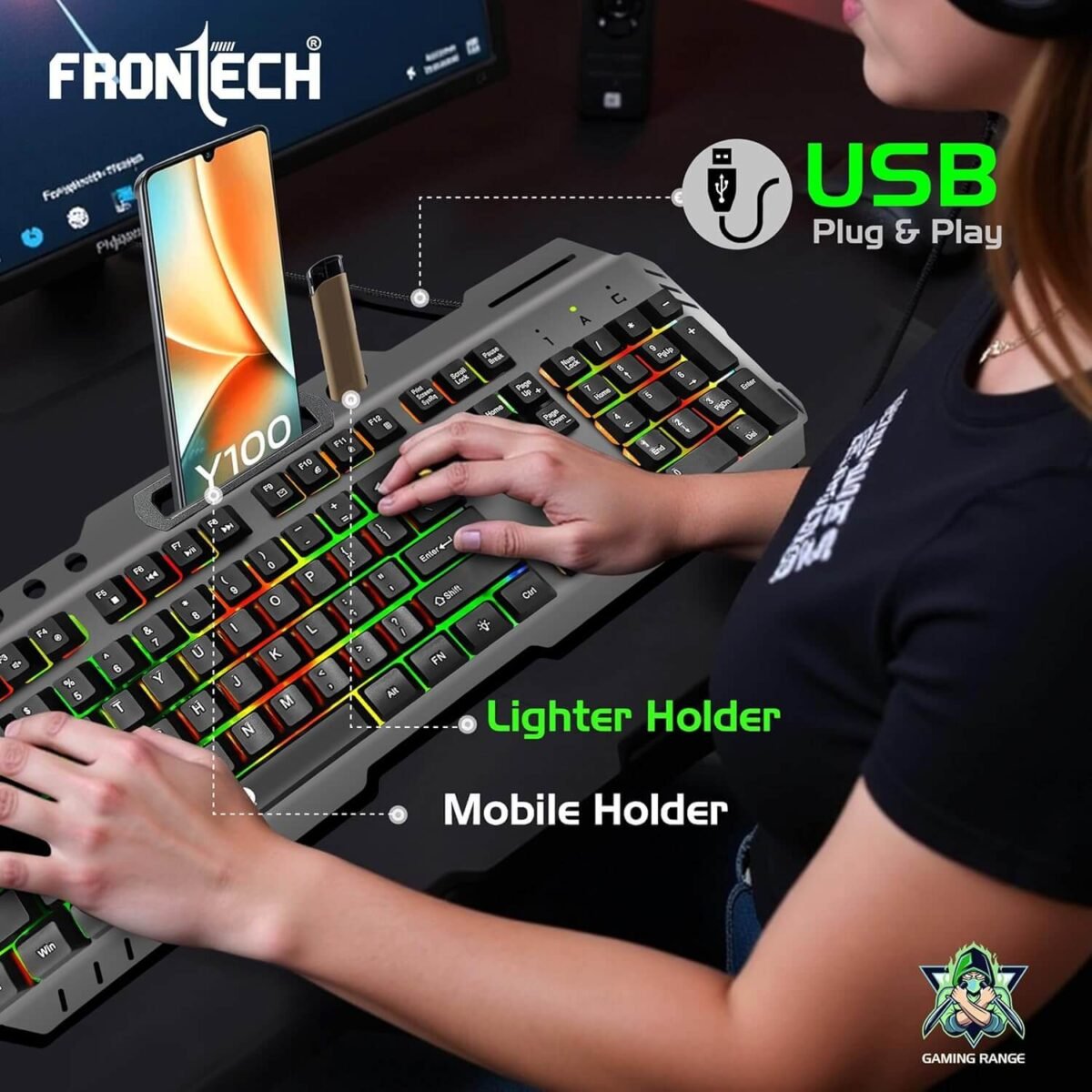 FRONTECH KB-0049 Wired Gaming Keyboard with Rainbow Backlight (Grey & Black) - Image 4