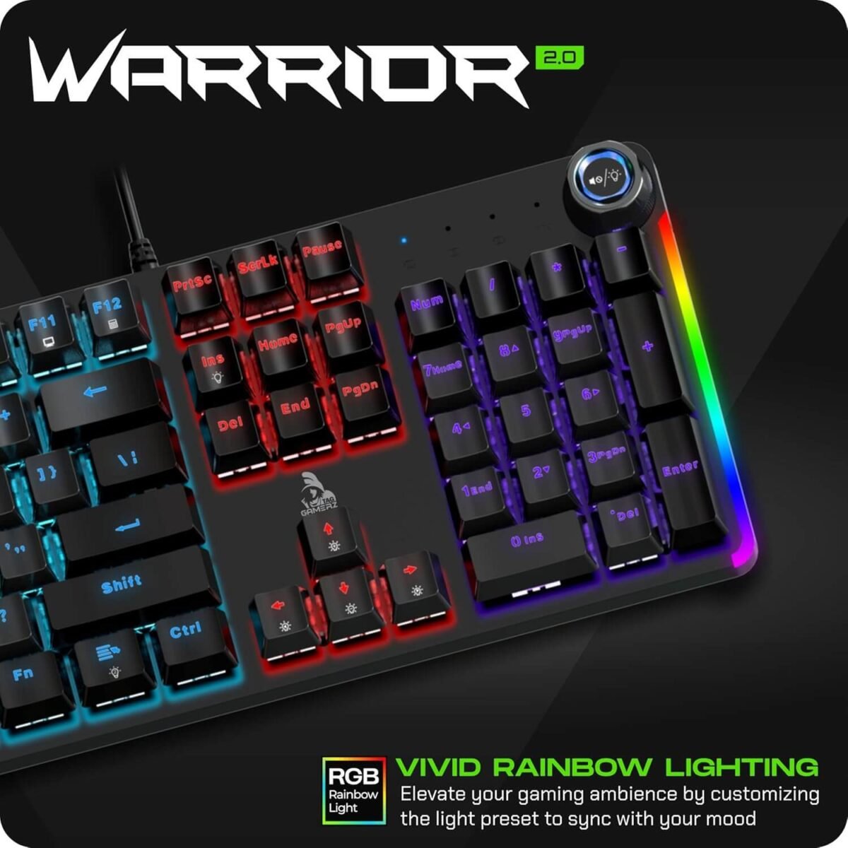 Gamerz Warrior 2.0 USB Mechanical Gaming Keyboard – 26 Anti-Ghosting Keys, 17 RGB Effects, Multi-Functional Knob, 50M Life Keystrokes - Image 7