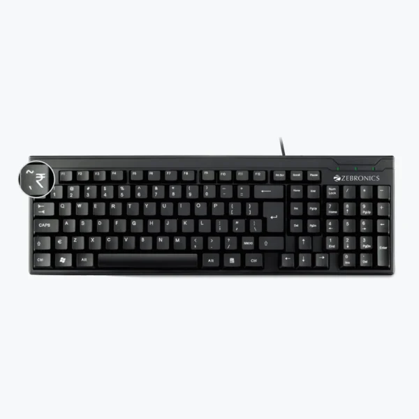 ZEBRONICS Zeb-K35 USB Wired Keyboard with Rupee Key, Spill-Proof and Slim Design - Black