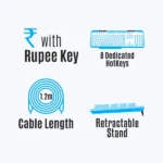 ZEBRONICS ZEB-KM2000 Wired USB Keyboard 115 Keys 8 Hotkeys Rupee Key Retractable Stand - Image 3